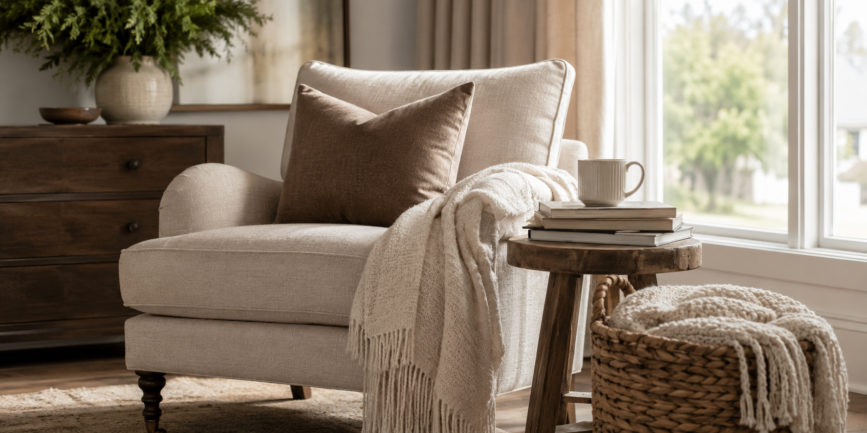 Warm, cozy reading nook with armchair, lamp and collected personal objects