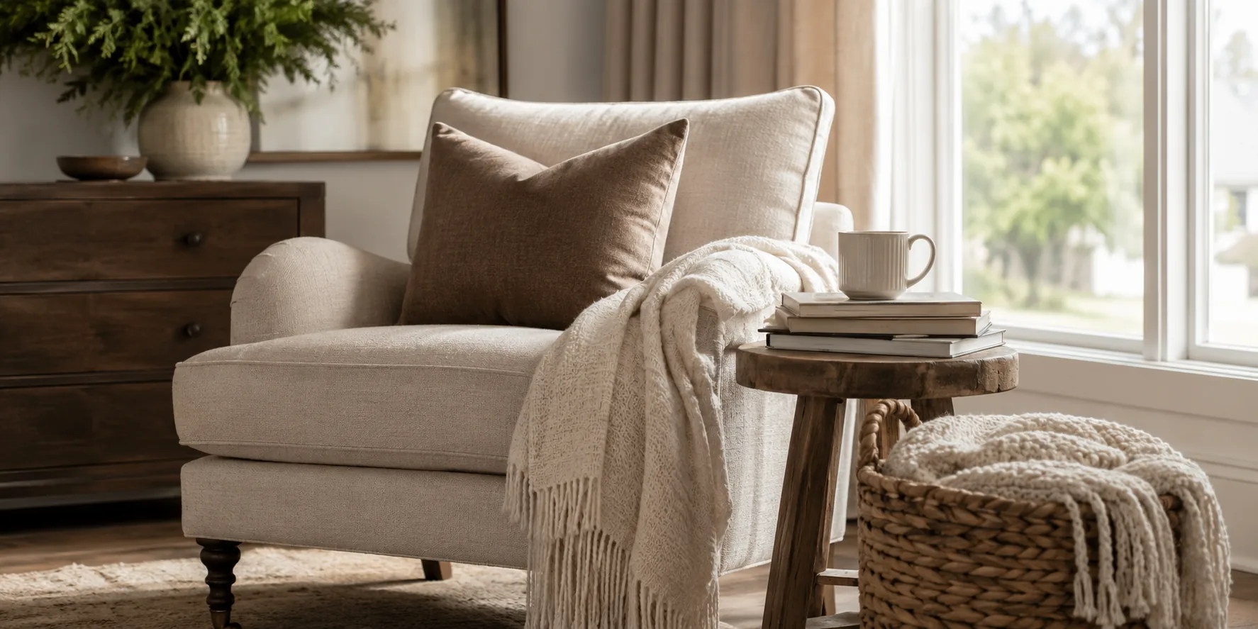 Warm, cozy reading nook with armchair, lamp and collected personal objects