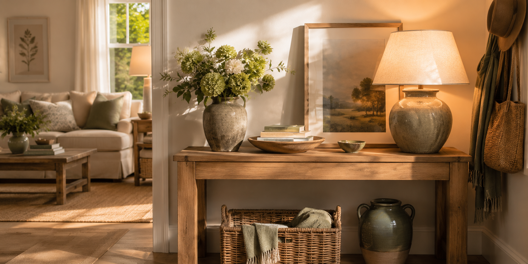 Warm home corner with flowers, a lamp, and carefully placed personal objects