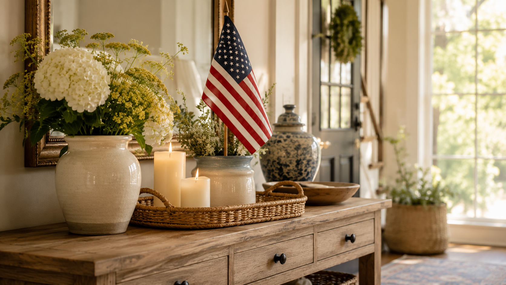 Warm festive home decorated tastefully for the 4th of July and America's 250th