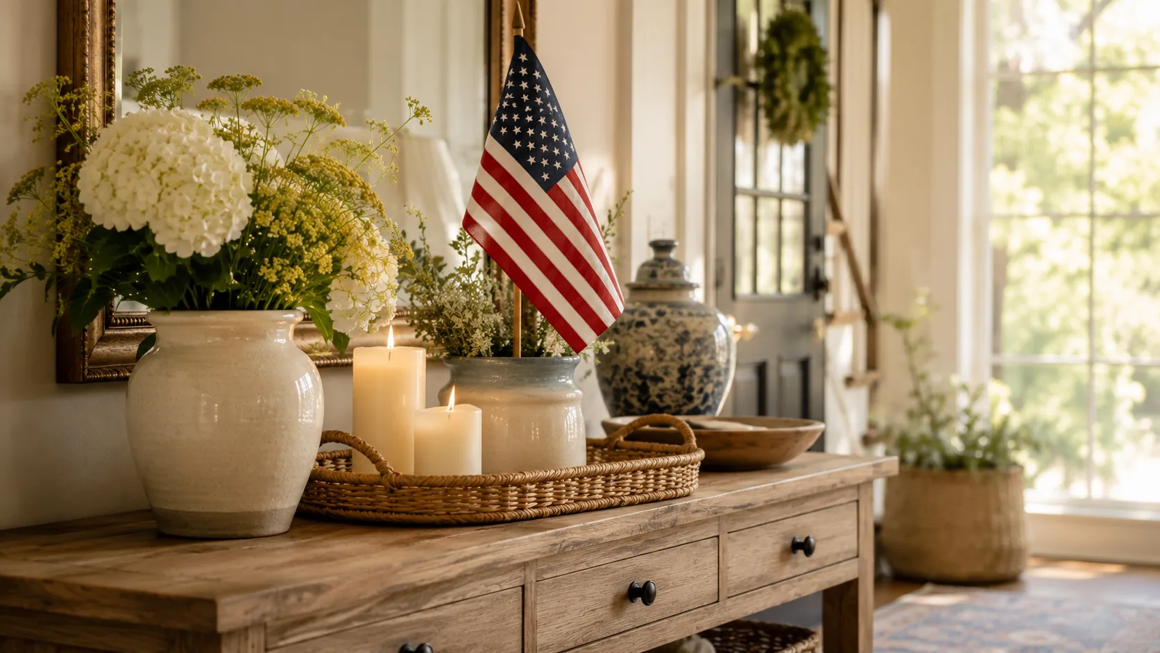 An entryway console styled with a small American flag in a blue-and-white ceramic vase, white hydrangeas, cream pillar candles, and a woven tray — a quiet, tasteful nod to America's 250th