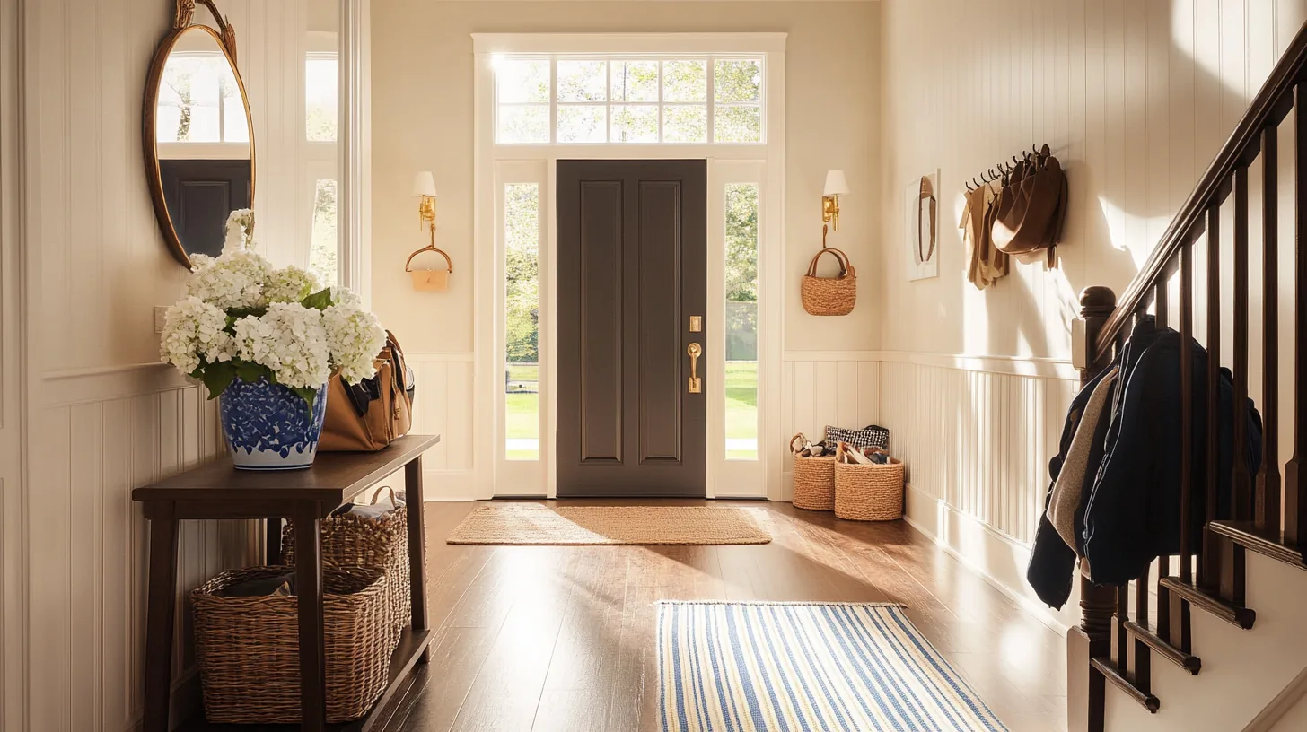 A warm, organized entryway with labeled backpack hooks, a small charging shelf, and a family calendar on the wall — ready for the school year