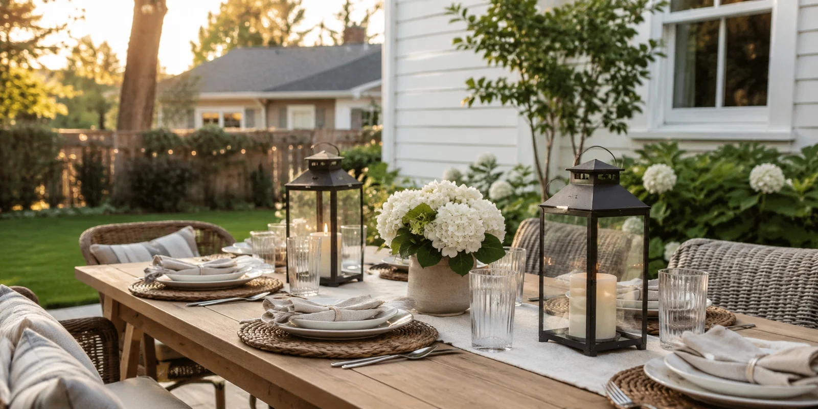 A styled outdoor dining table at golden hour with woven chargers, white hydrangeas, lanterns and string lights overhead — an outdoor space that feels finished