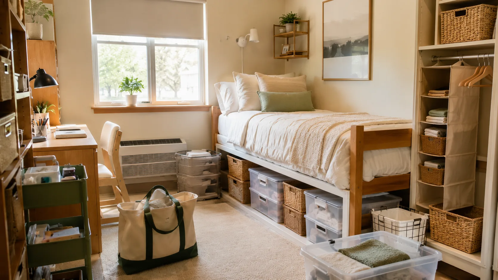 A cozy dorm room with a made bed, woven and clear storage bins tucked underneath, a canvas tote packed for the first night on the floor, a desk with a lamp, and a hanging closet organizer