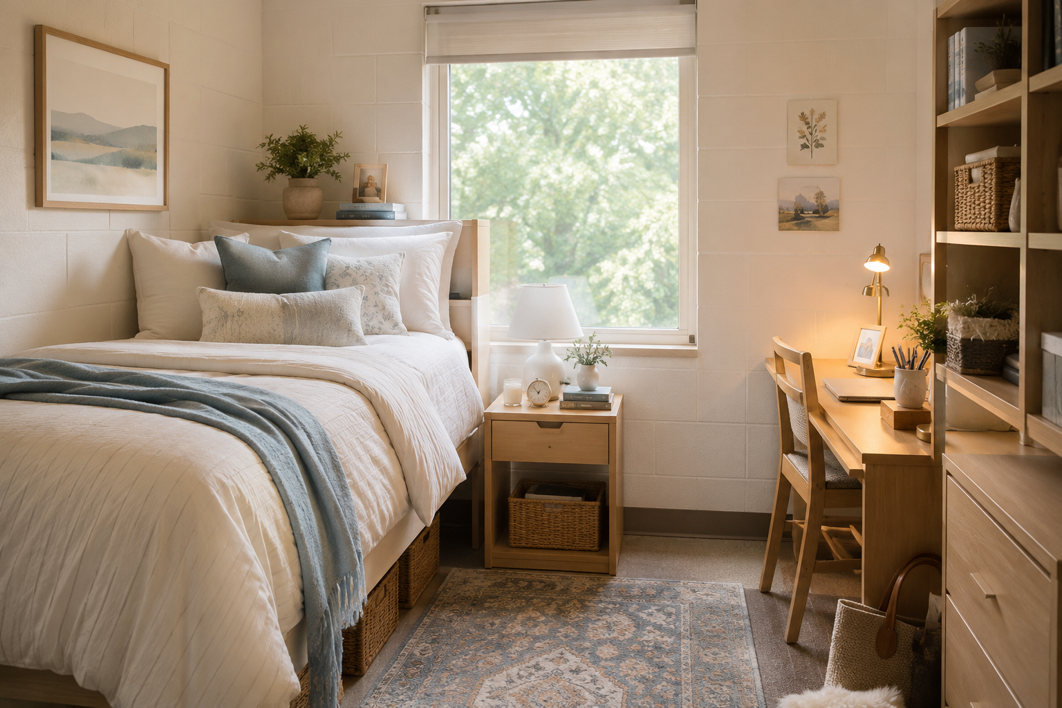 Cozy, organized dorm room set up for college move-in day