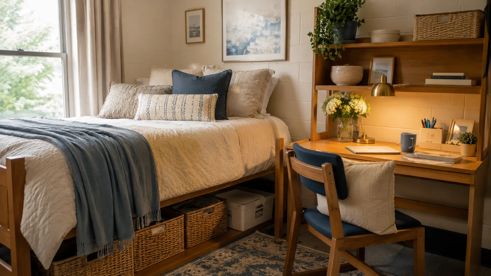 Dorm room with a blue throw on the bed, a wood desk and shelf storage