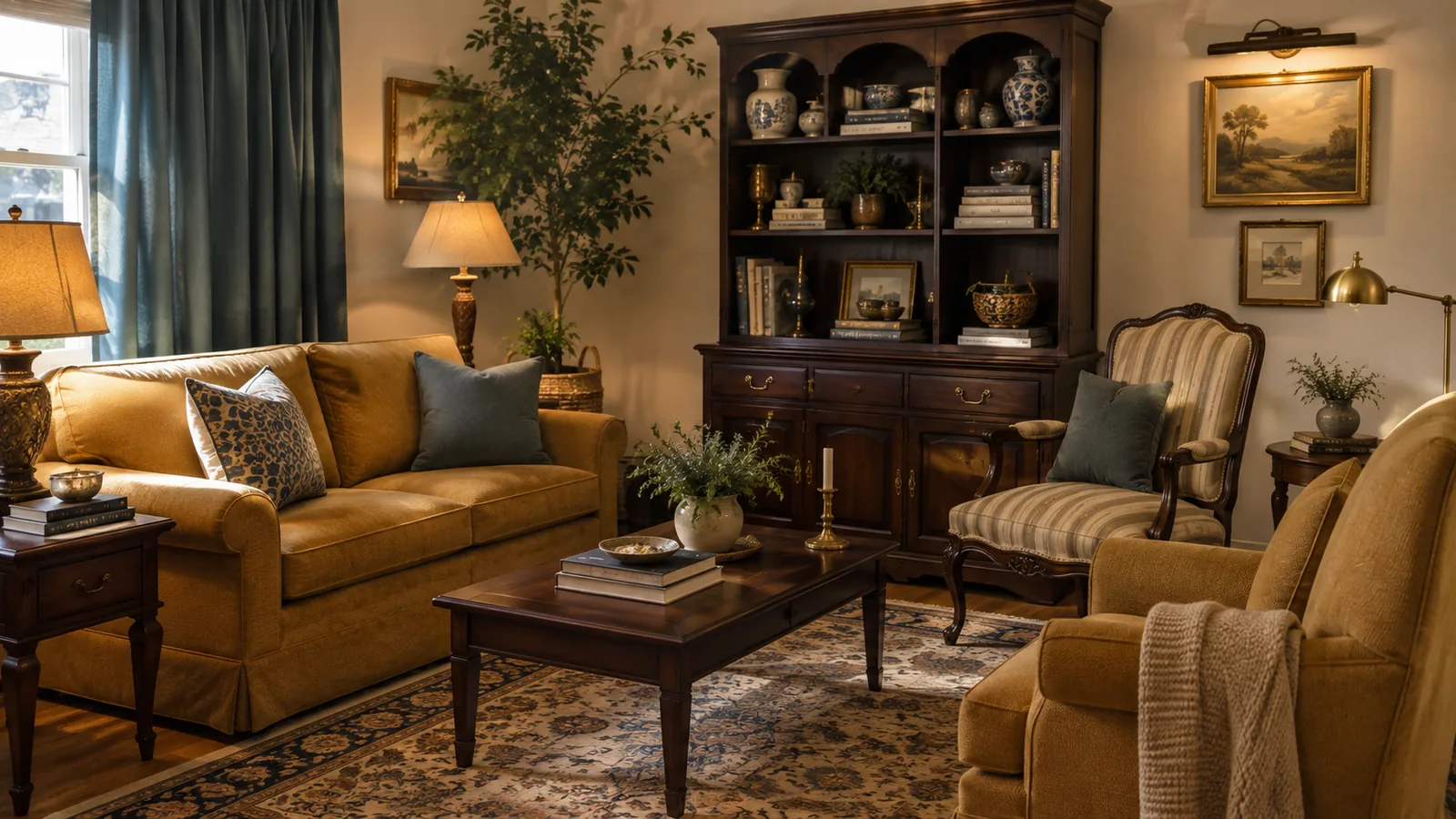 A traditional living room with a mustard-gold sofa, a dark wood hutch displaying blue-and-white ceramics, a striped wingback chair, and a gallery of framed art