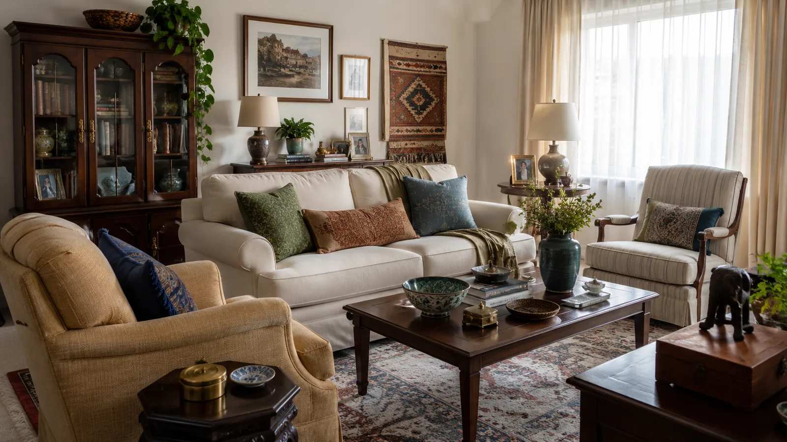 A collected-traditional Drexpat living room with a dark wood glass-front china cabinet holding books and pottery, a cream sofa layered with green, rust, and blue pillows, a striped wingback chair, and a traditional patterned rug in warm natural light