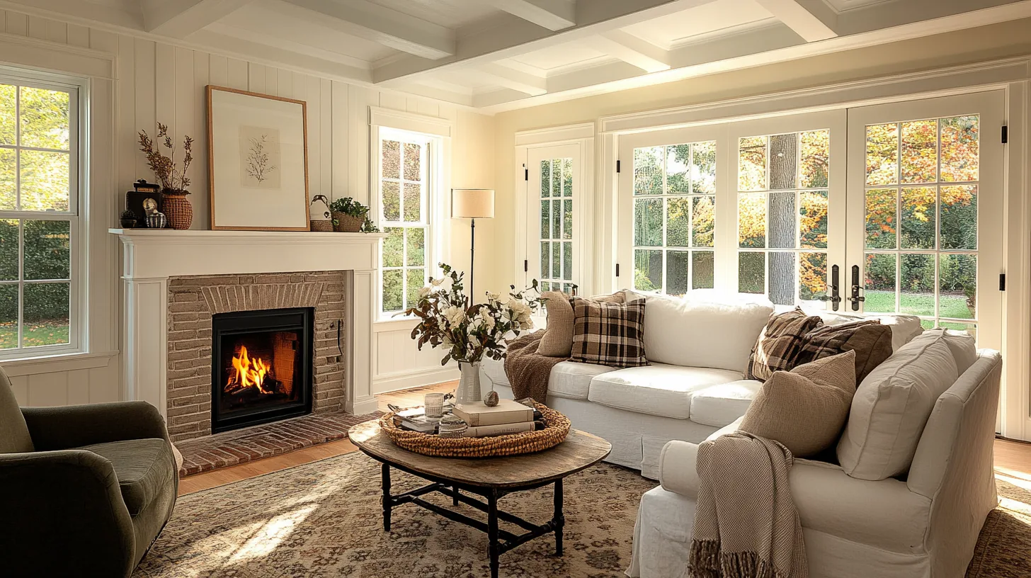 An early-fall living room in transition — neutral base, an amber blanket, warm lamp light