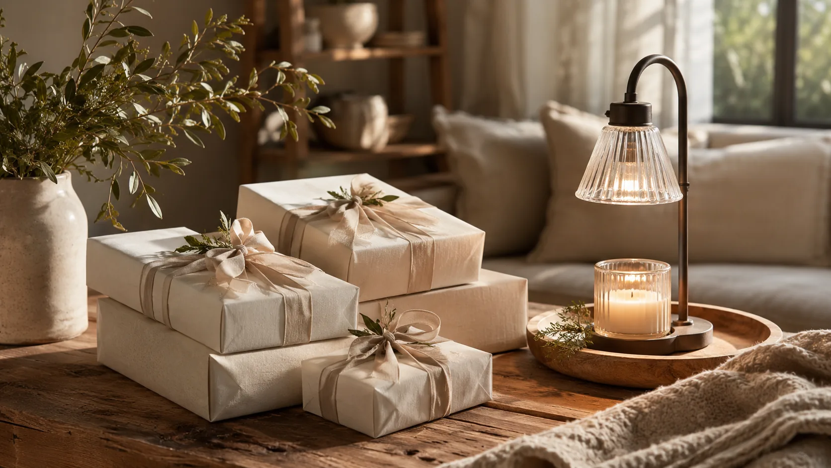 Wrapped gifts with twine, a lit candle and a throw blanket beside a sofa