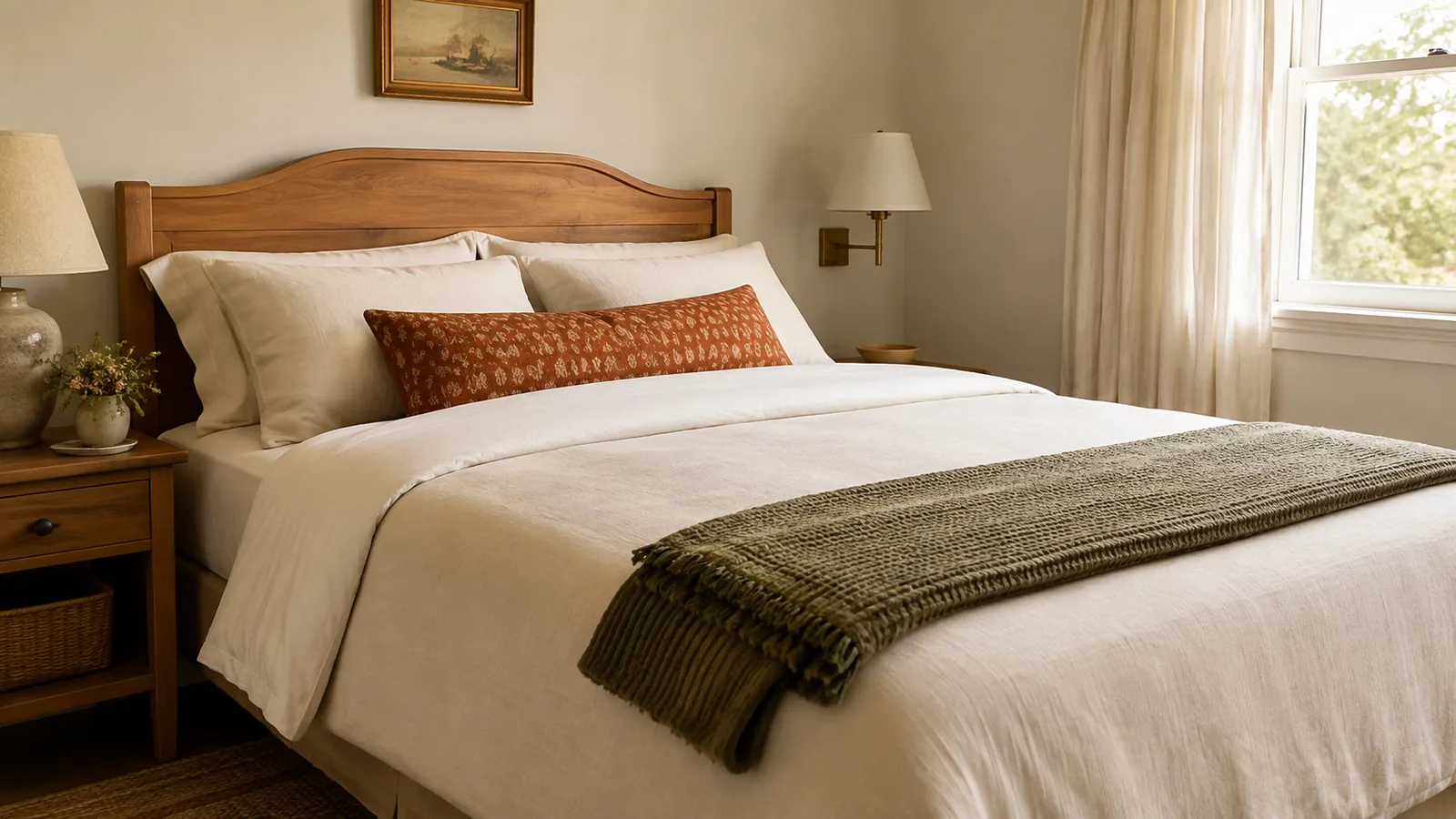 A different guest bedroom styled with fresh layered bedding, a warm throw folded at the foot of the bed, and soft morning light