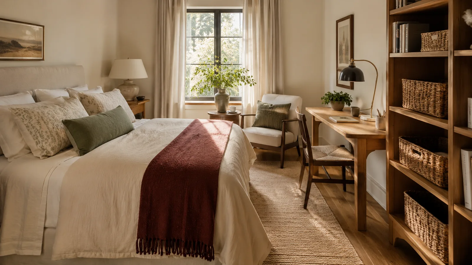 A guest bedroom corner with an open closet showing empty hangers and a folded stack of towels on a chair, ready for a visitor