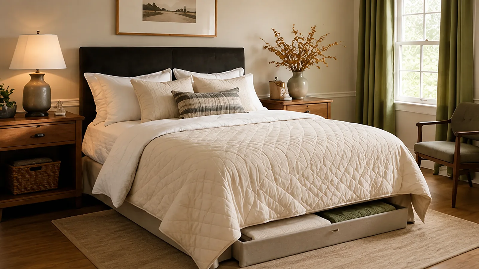 A ready guest bedroom with a turned-down bed, a lit bedside lamp, a water carafe and charger on the nightstand, and a bamboo luggage rack with an open bag near the closet