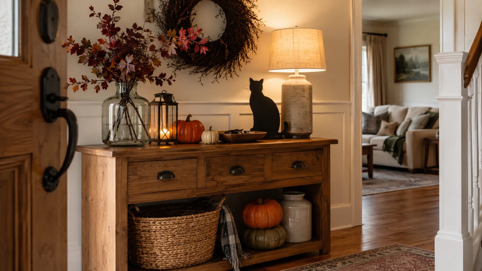 A neutral entryway styled for Halloween with velvet pumpkins and warm lantern light