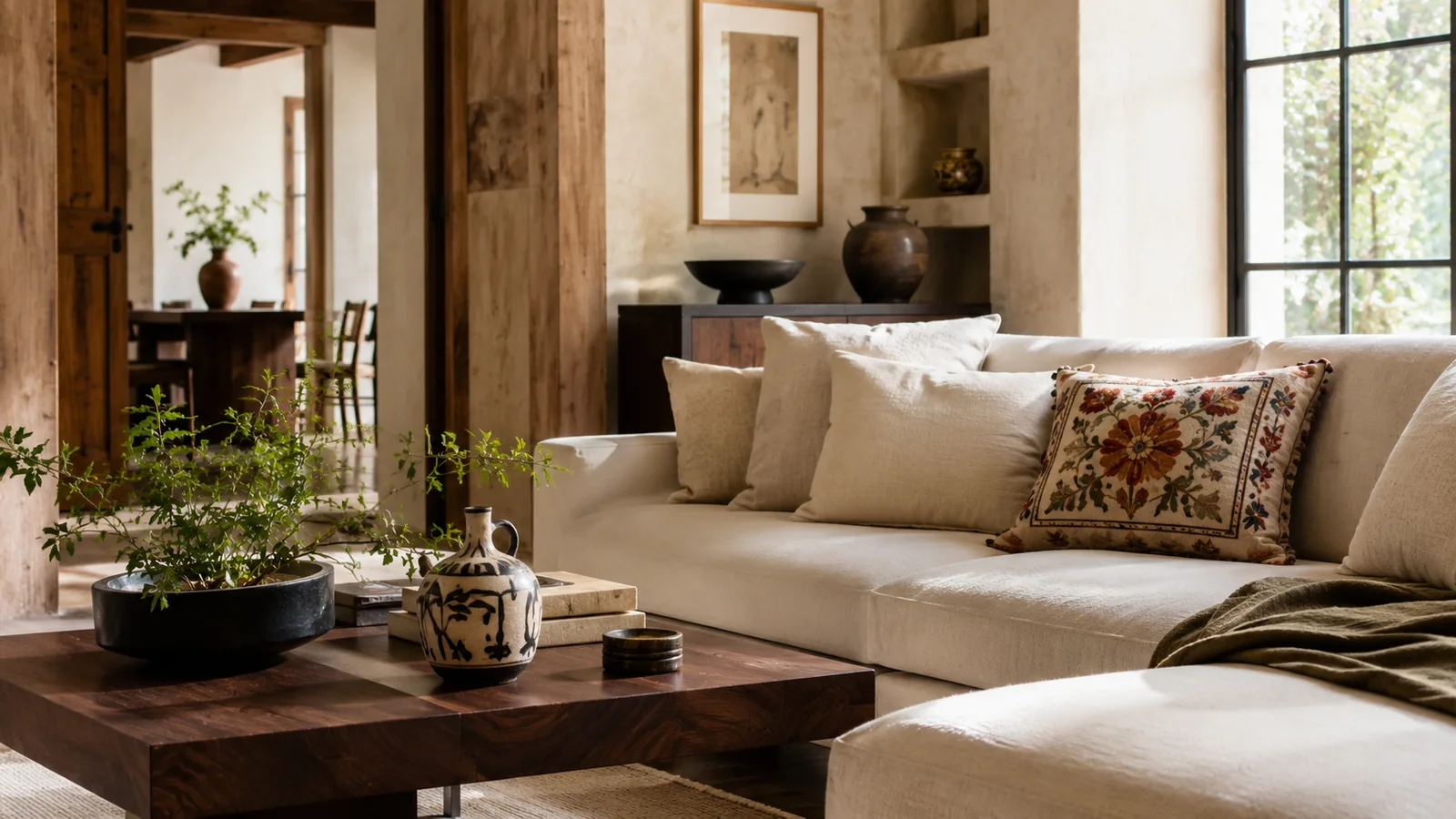 A living room styled with a Tenango-inspired embroidered pillow cover, a woven basket, and warm natural light