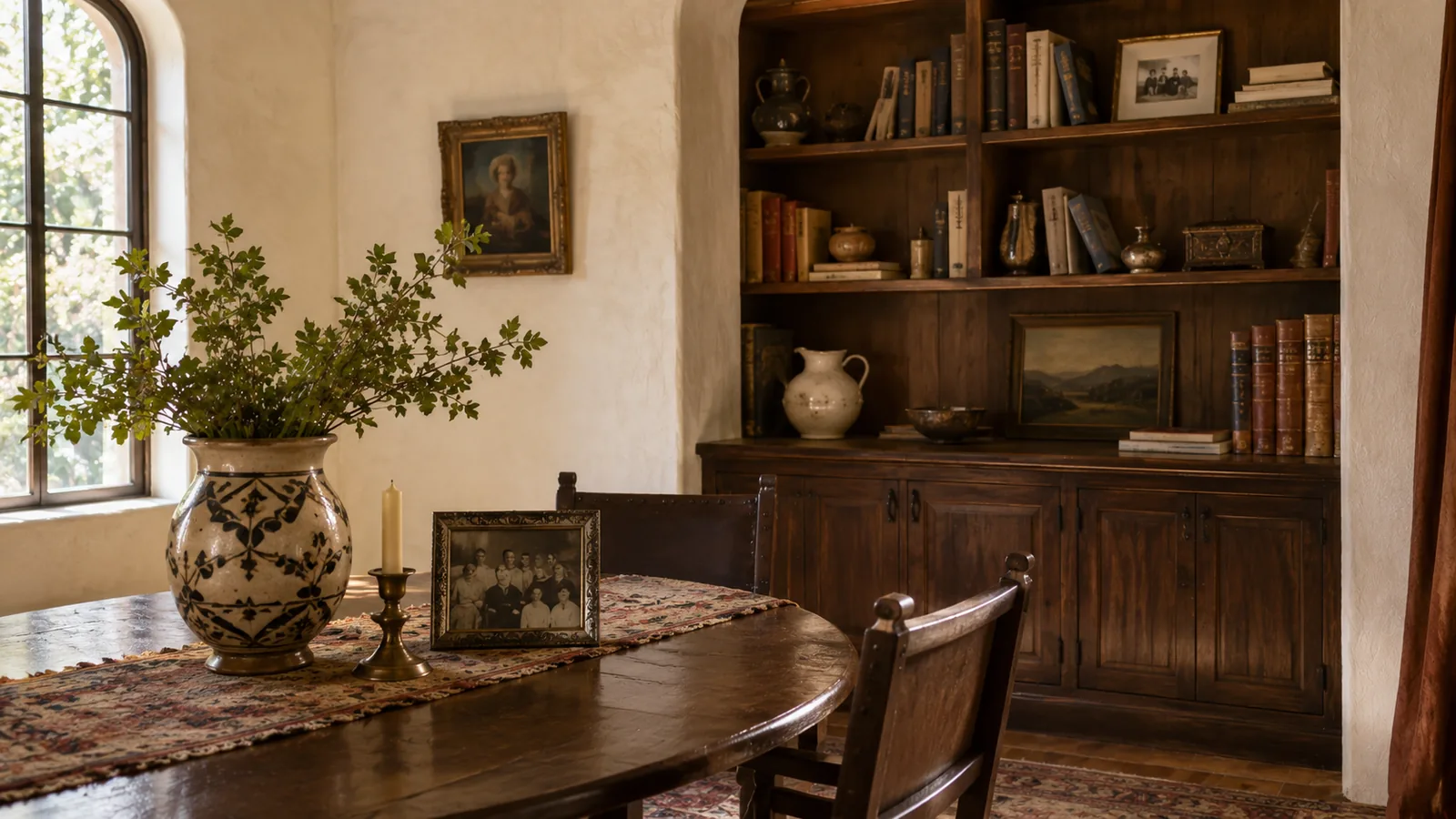 A dining nook with Talavera-inspired serving pieces and a heritage-inspired embroidered runner on a wood table
