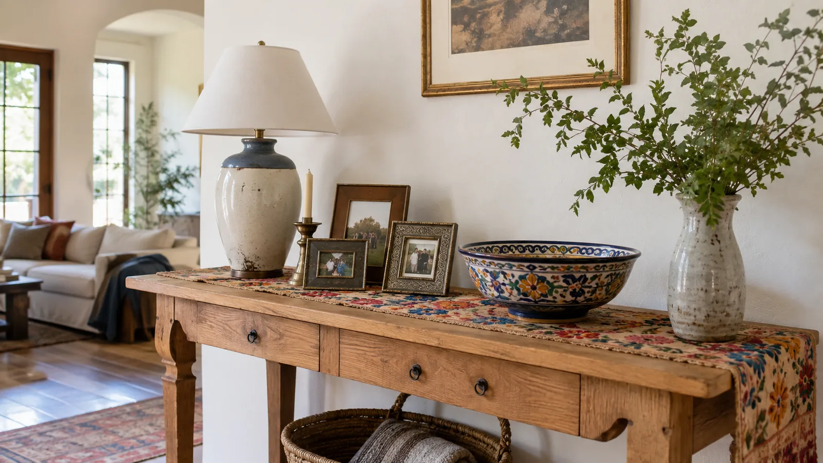 A warm living room console styled with a Talavera-inspired hand-painted bowl, an embroidered table runner, and a small framed family photo grouping
