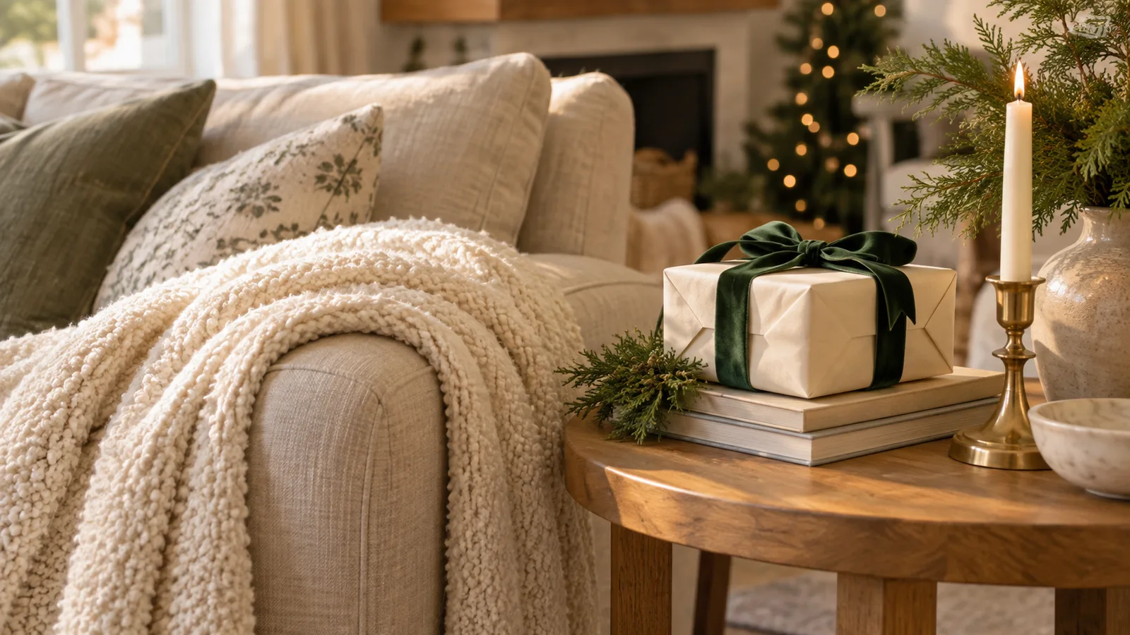 Un rincón de sala iluminado con calidez para una guía de regalos navideños acogedores, con una manta suave, una vela encendida, una pila de libros y un regalo envuelto sobre una mesa de madera