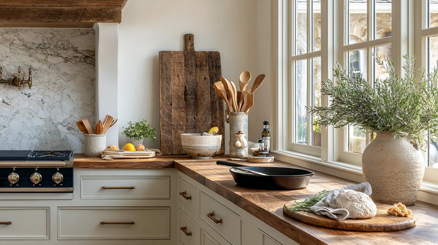 A warmly styled kitchen counter with everyday essentials