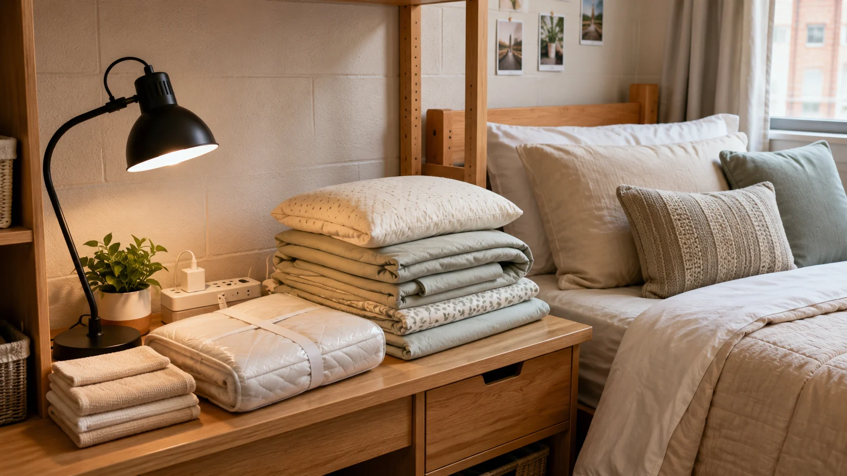 Folded Twin XL bedding, a mattress topper, and towels stacked on a dorm desk beside a warm gooseneck lamp, with a made bed nearby