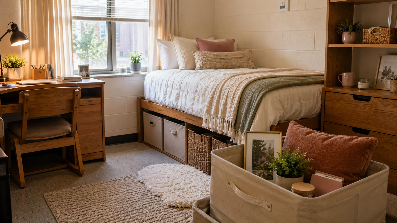 A styled dorm bed with layered pillows beside a storage bin holding a framed photo, a small plant, and a throw pillow set aside not yet placed