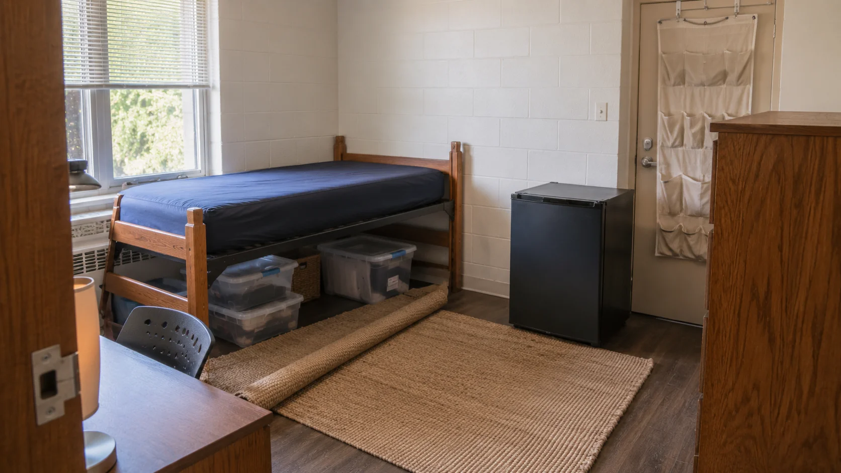 A natural jute rug rolled out beside a dorm bed with clear storage bins tucked underneath, a mini fridge and over-door organizer nearby