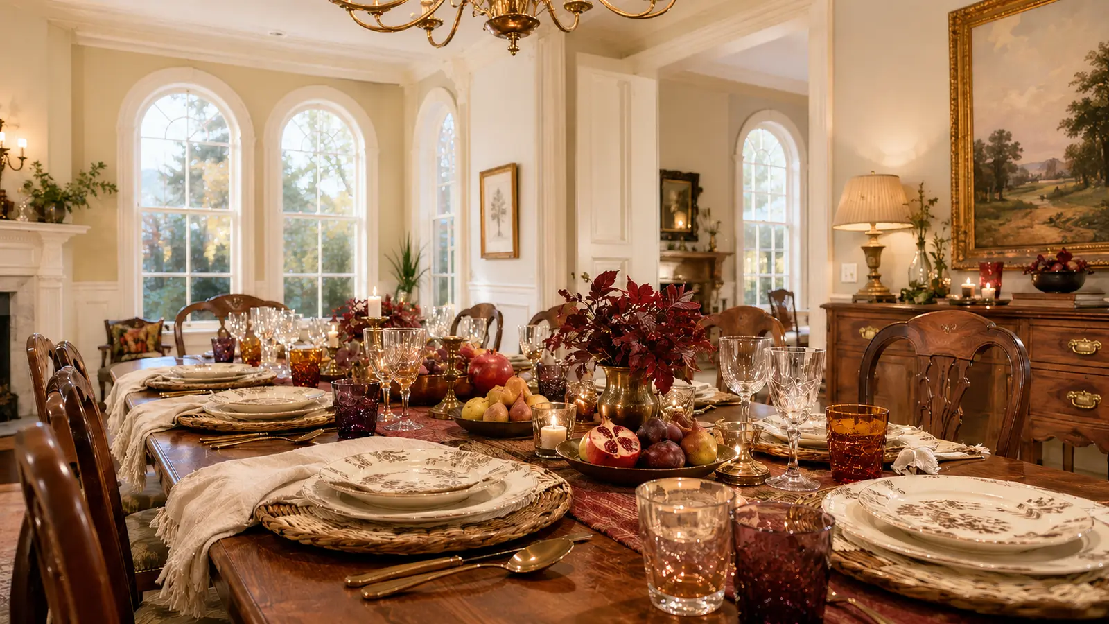 A view down a set table from a middle seat, checking sightlines and reach across the table