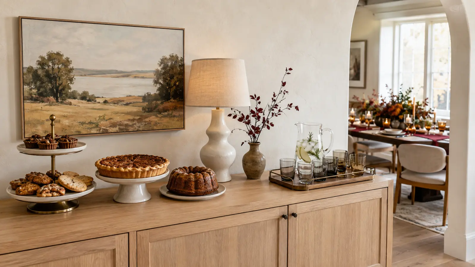 A styled sideboard set up as a dessert station and drink station, a lamp glowing nearby, separate from the main dinner table