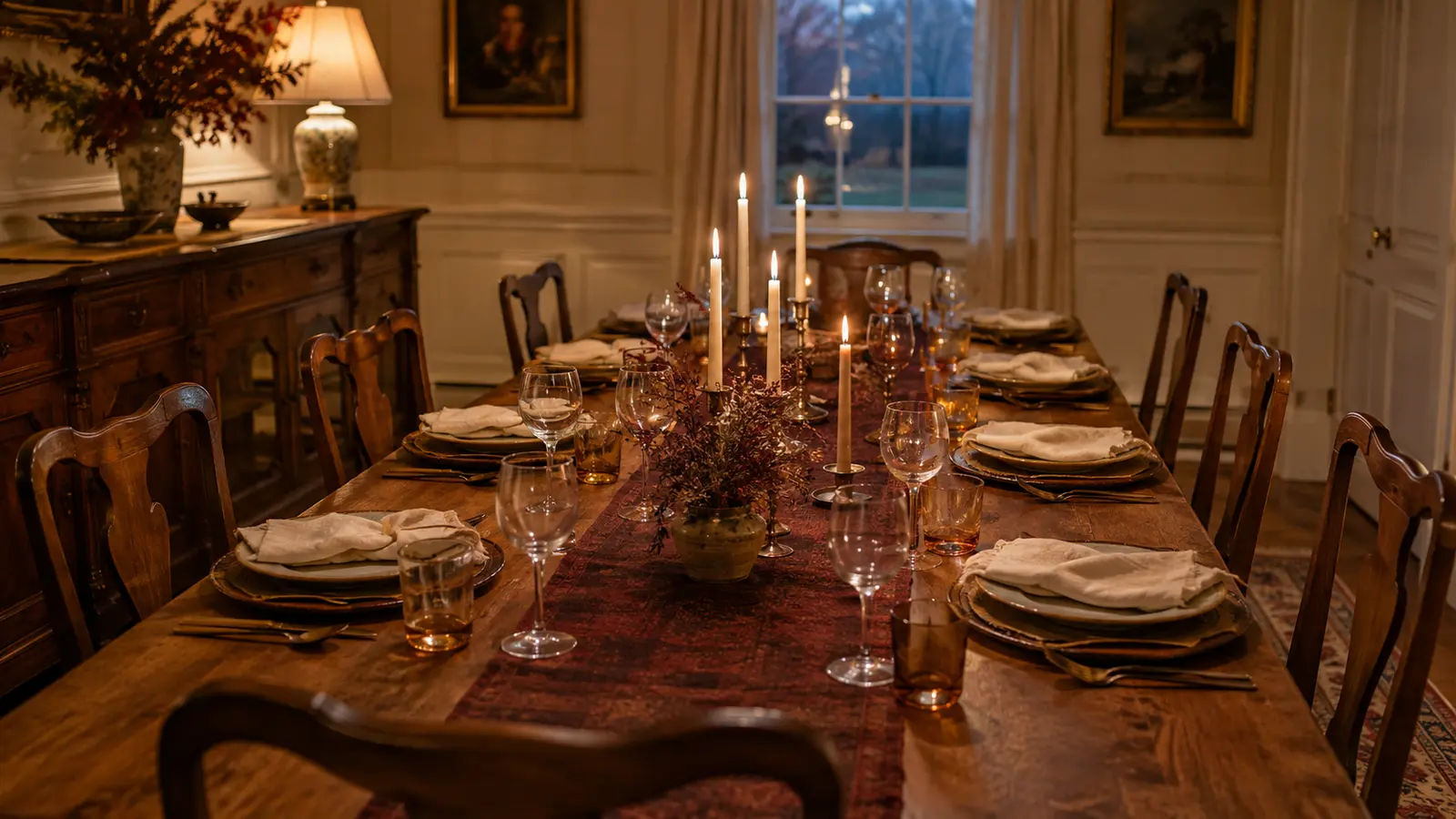 A set Thanksgiving table with candles, linens and warm light