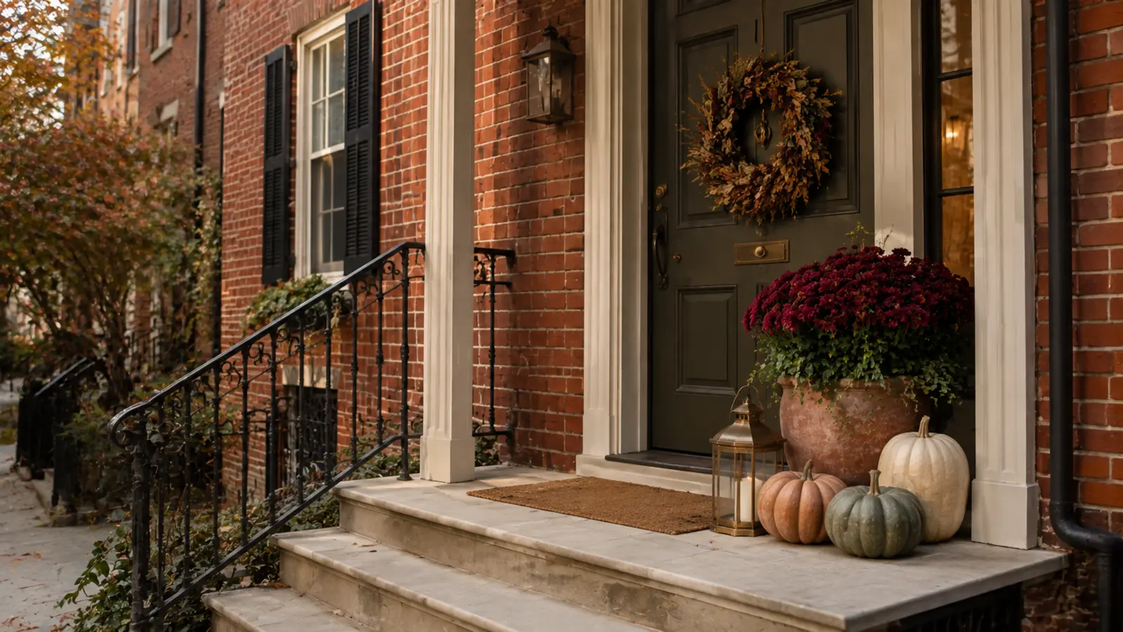 A smaller front stoop styled with a single vertical grouping of pumpkins and a wreath, showing the formula works without a full symmetrical porch