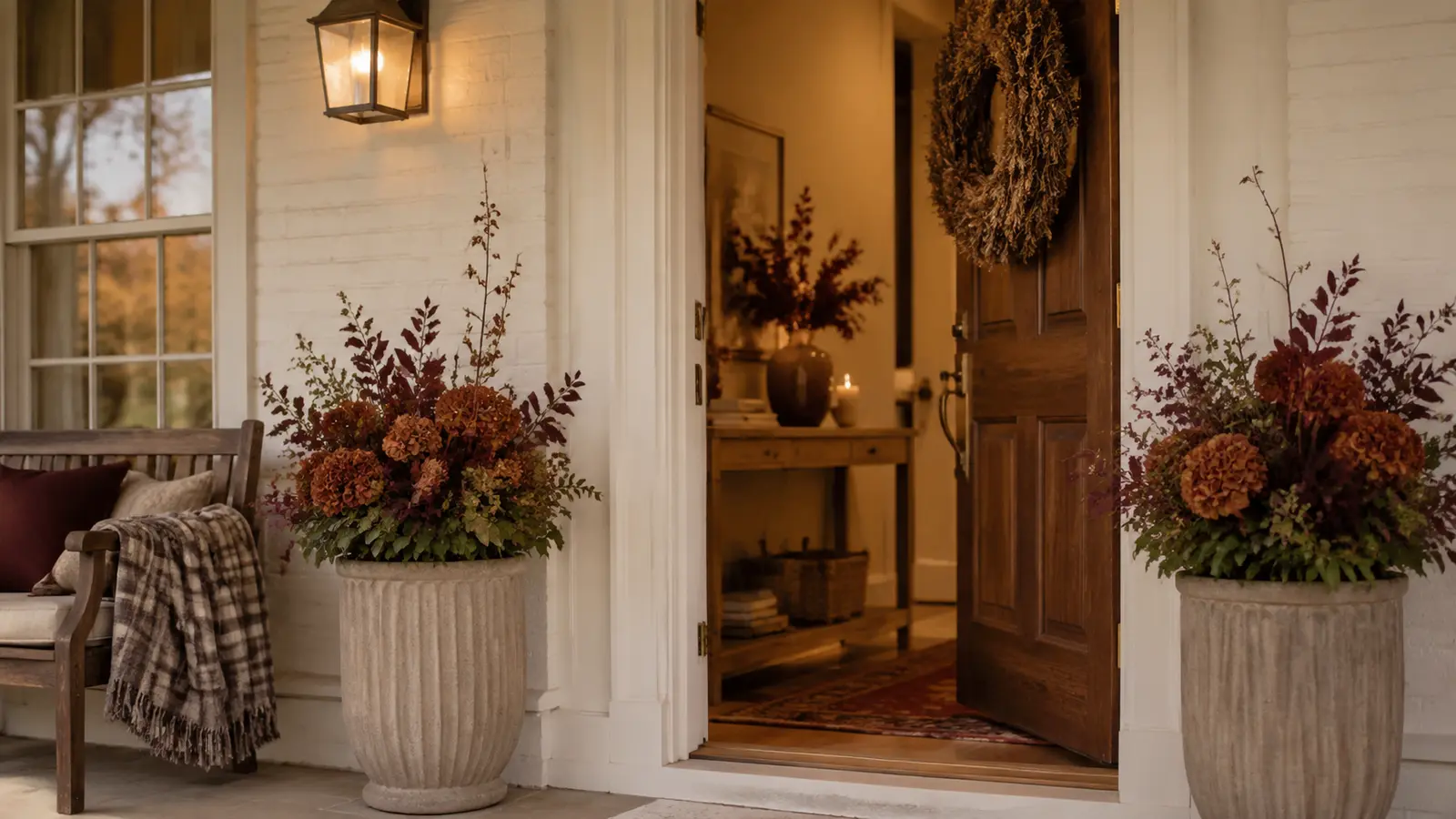 A traditional front entry with matching planters and a natural wreath, the transition into a warm entryway visible through the open door