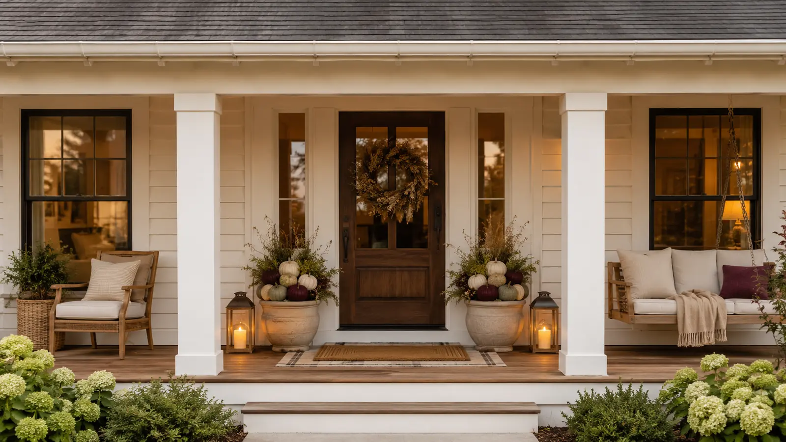 A covered front porch styled with pumpkins, mums, and lanterns in a warm palette with burgundy and plum accents, flanking the door