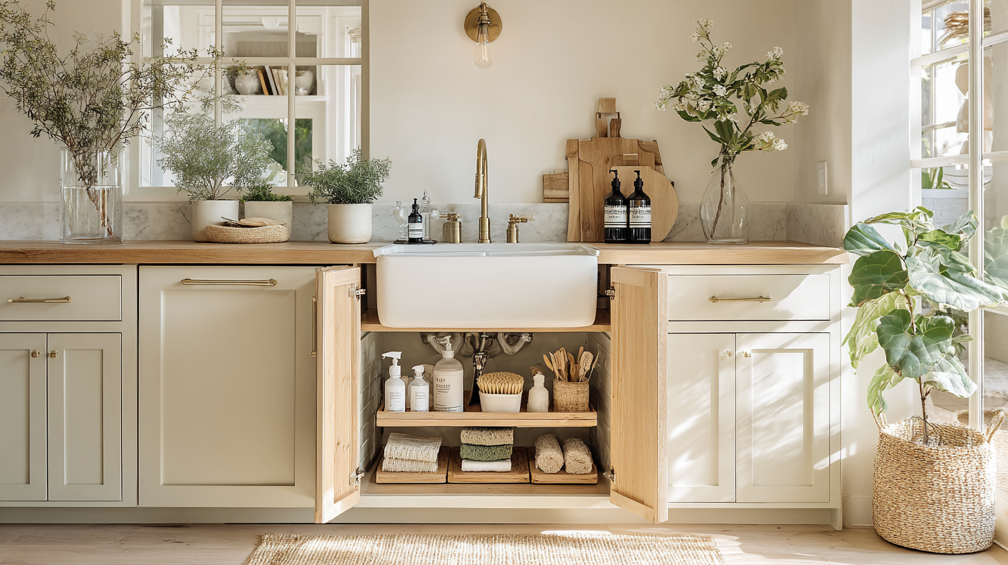 An organized under-kitchen-sink cabinet with a clear system
