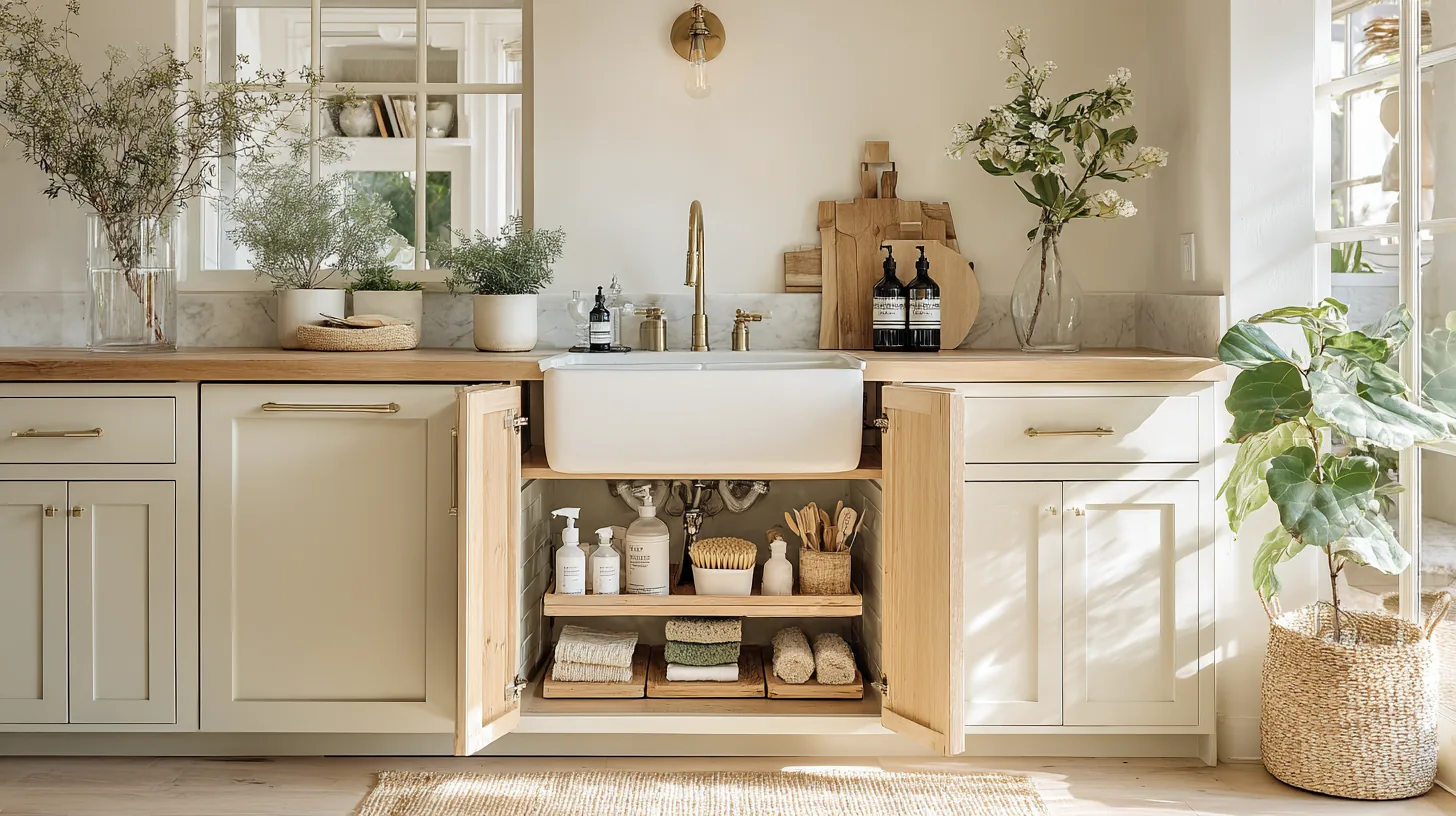 Un armario debajo del fregadero de la cocina, organizado con un sistema claro