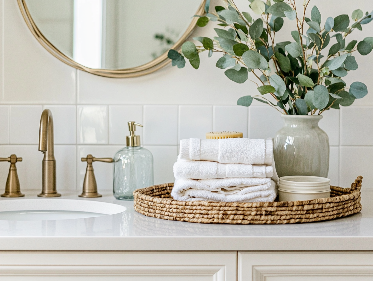 Clean, organized bathroom with warm stone tones and natural light