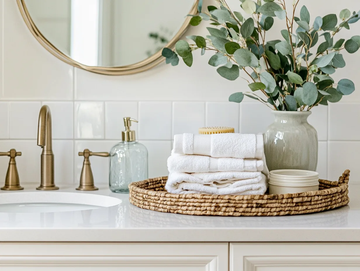 Clean, organized bathroom with warm stone tones and natural light
