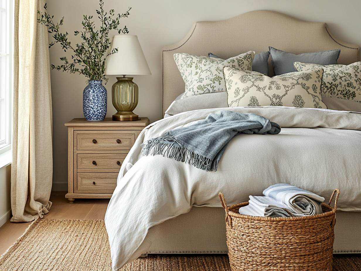 Cozy bedroom with warm neutral bedding and soft natural light