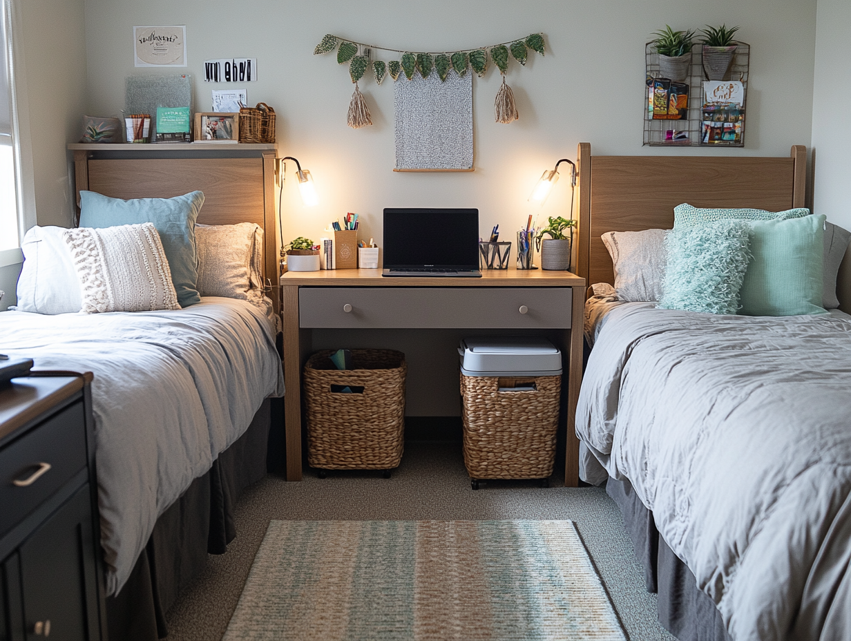 Organized dorm room with neutral bedding and practical essentials