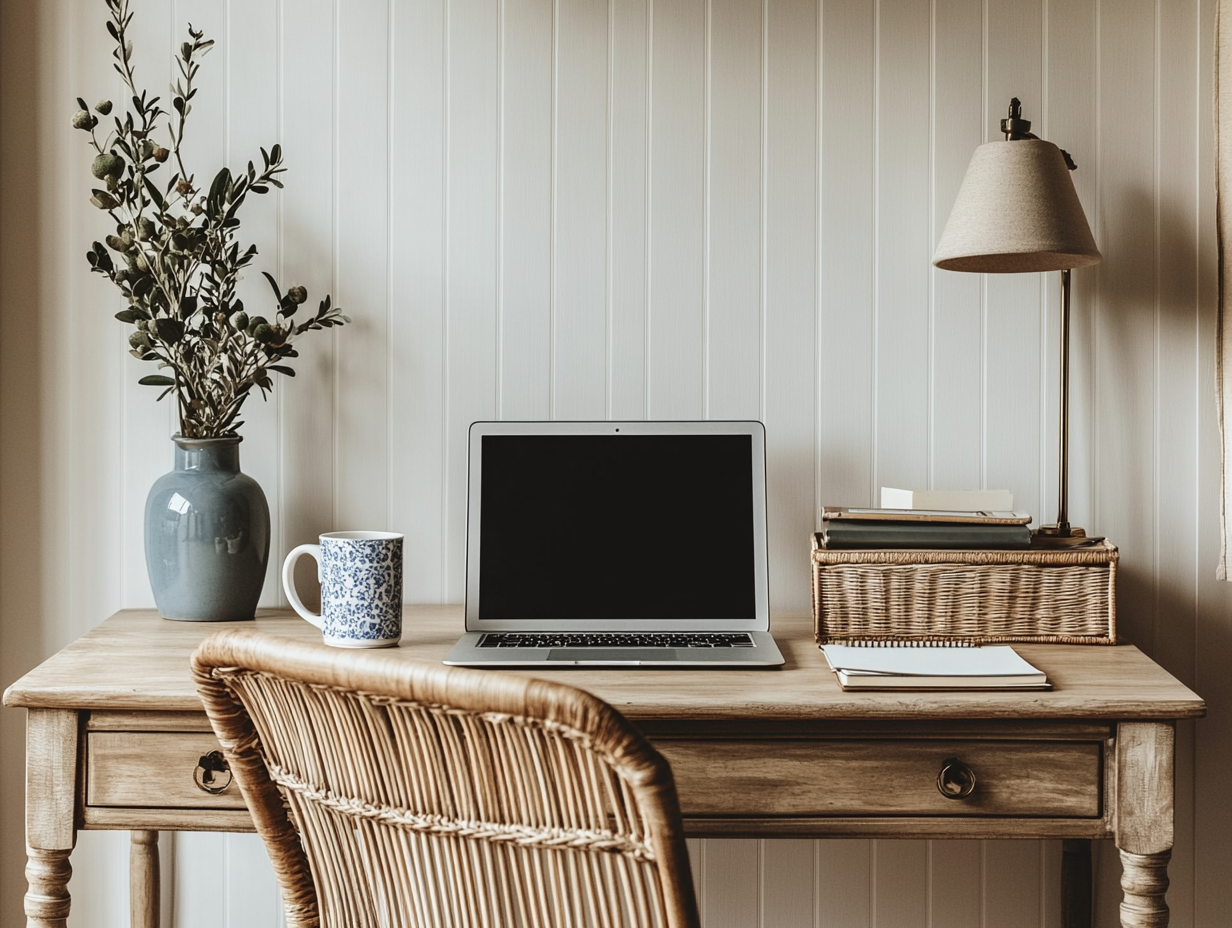 Warm home office with natural wood desk, warm lamp and organized styling