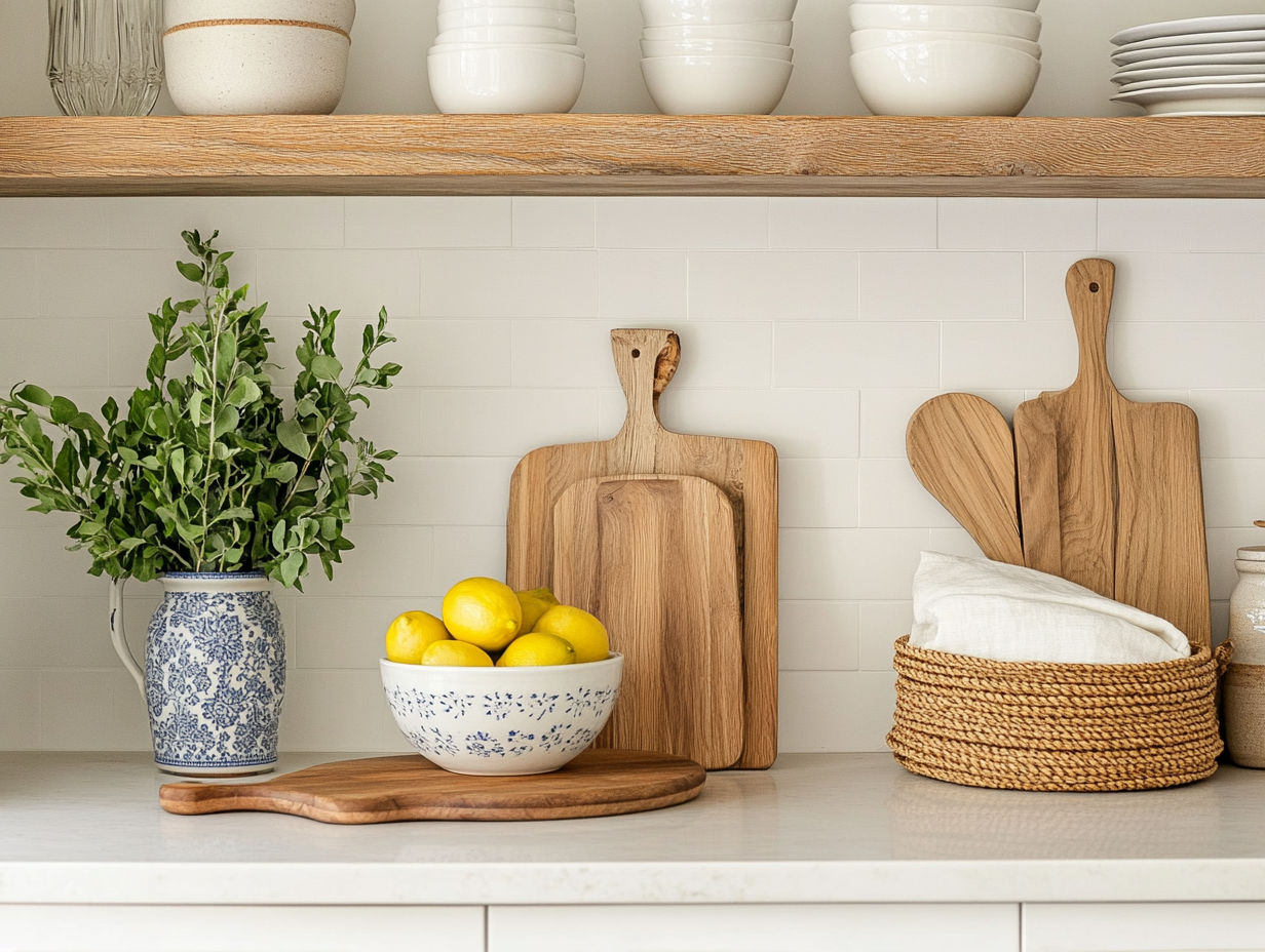 Warm white farmhouse kitchen with natural wood and open shelving