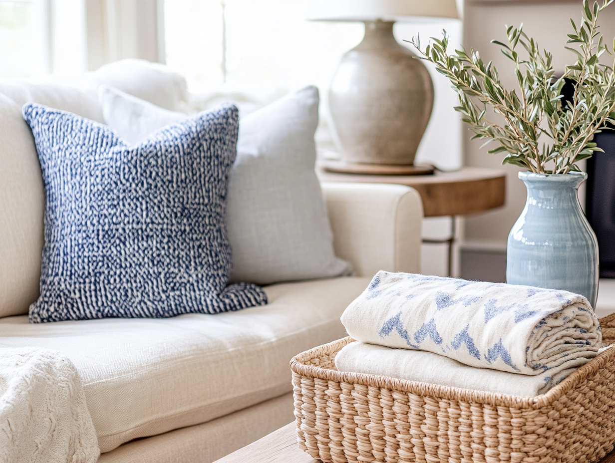 Cozy living room with neutral sofa, jute rug and warm natural light