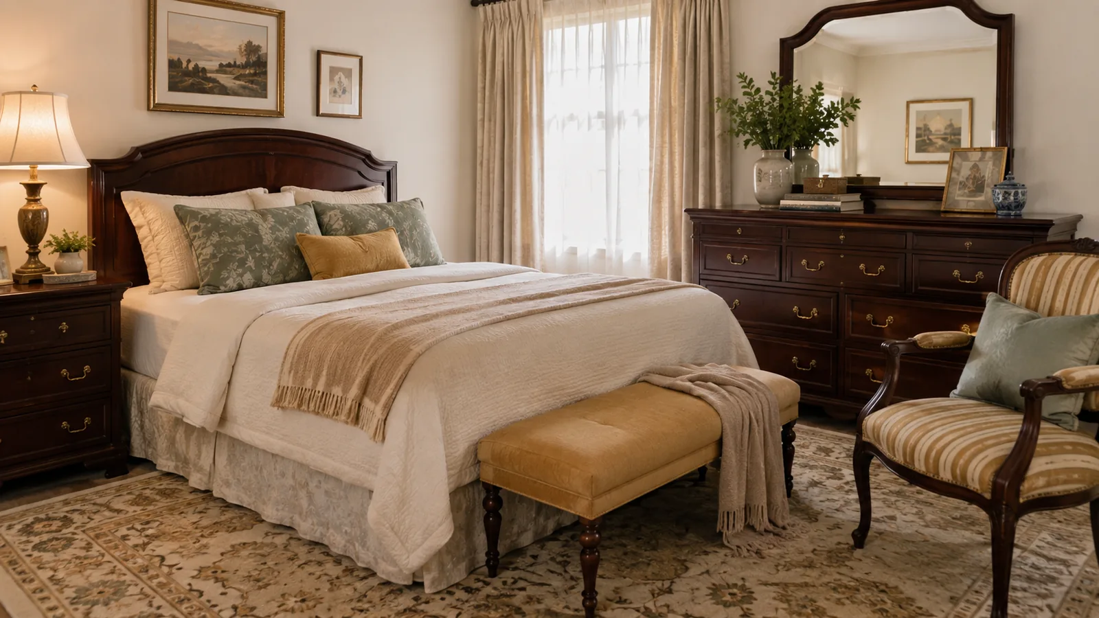 A traditional government-furnished bedroom with a dark wood headboard and dresser, cream and sage bedding with layered pillows, a tufted bench with a throw, a striped accent chair, and a styled dresser-mirror surface