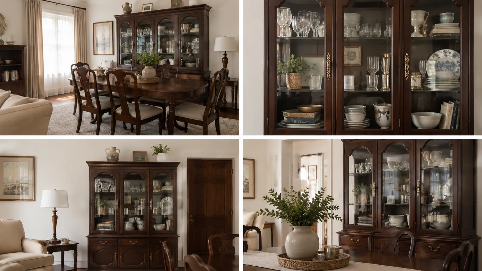 A dark wood government dining set and matching china cabinet, styled with collected ceramics, glassware, greenery, and warm natural light