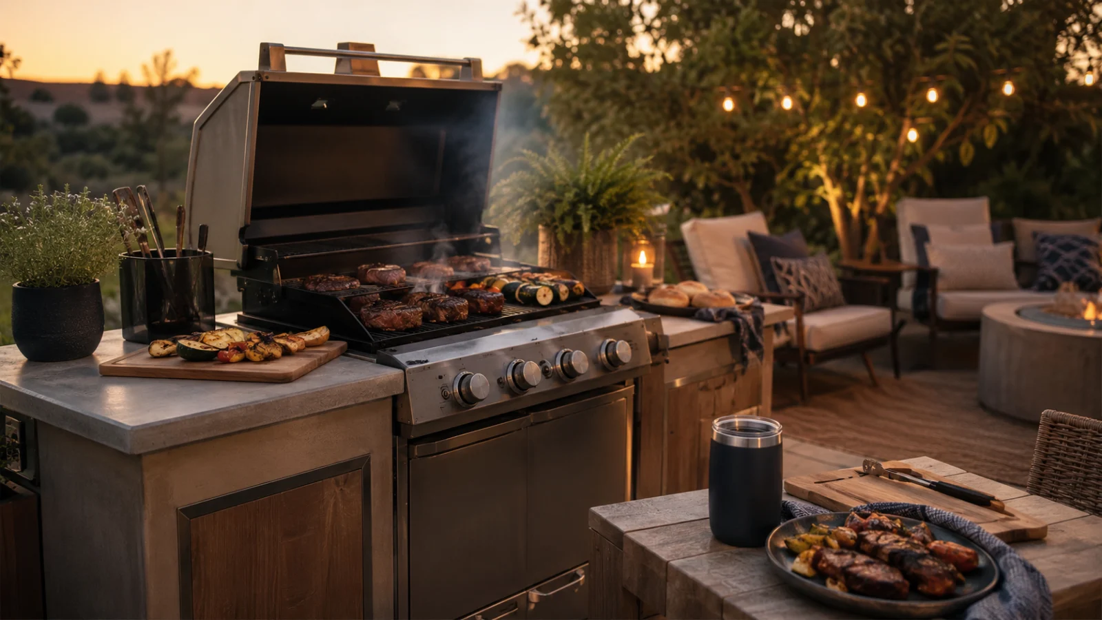 A grill going at golden hour with steaks and vegetables, a cold drink on the side table, and cushioned lounge seating under string lights