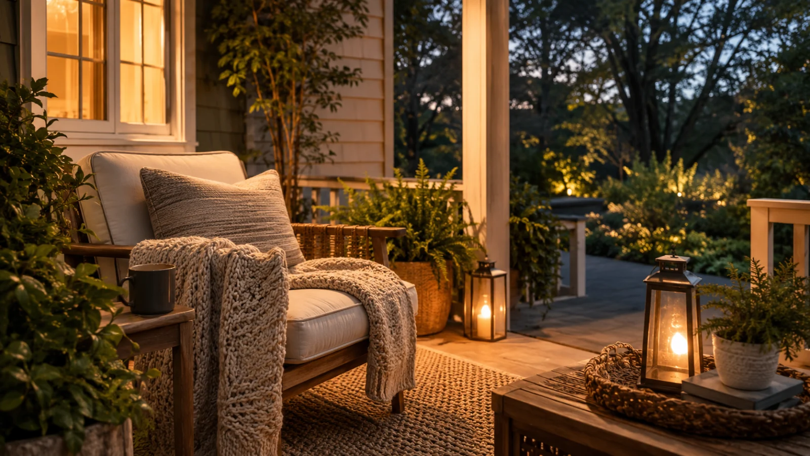 A cushioned porch chair at dusk with a chunky cream throw, glowing lanterns, a warm mug, and potted greenery — an easy place to unwind outdoors