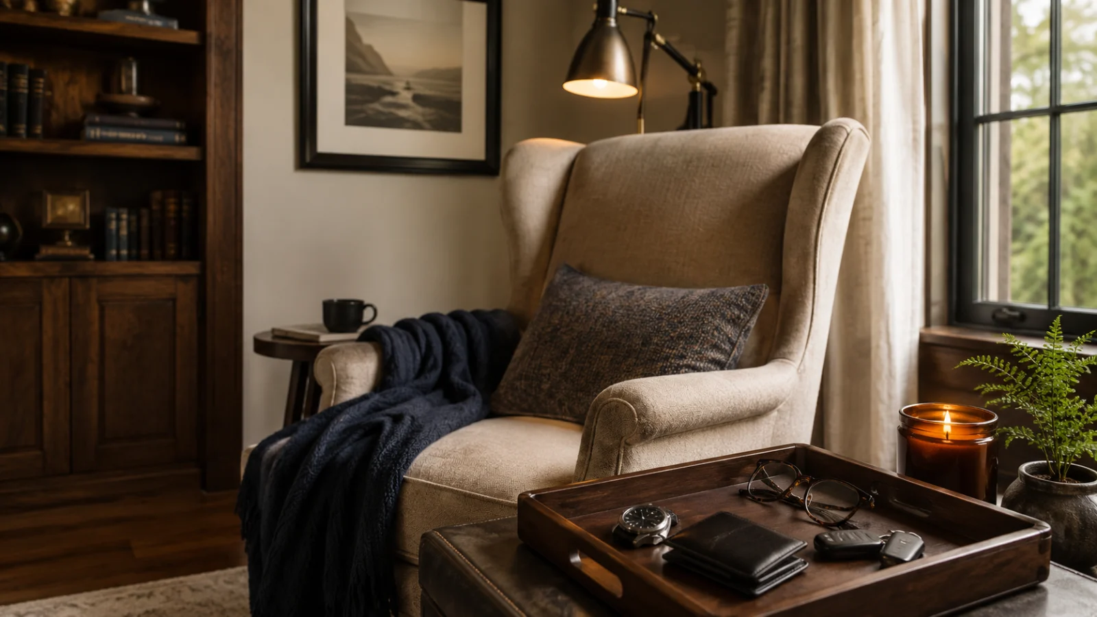 A cozy reading corner with a wingback chair, a navy throw, a brass floor lamp, and a wooden valet tray holding a watch and glasses