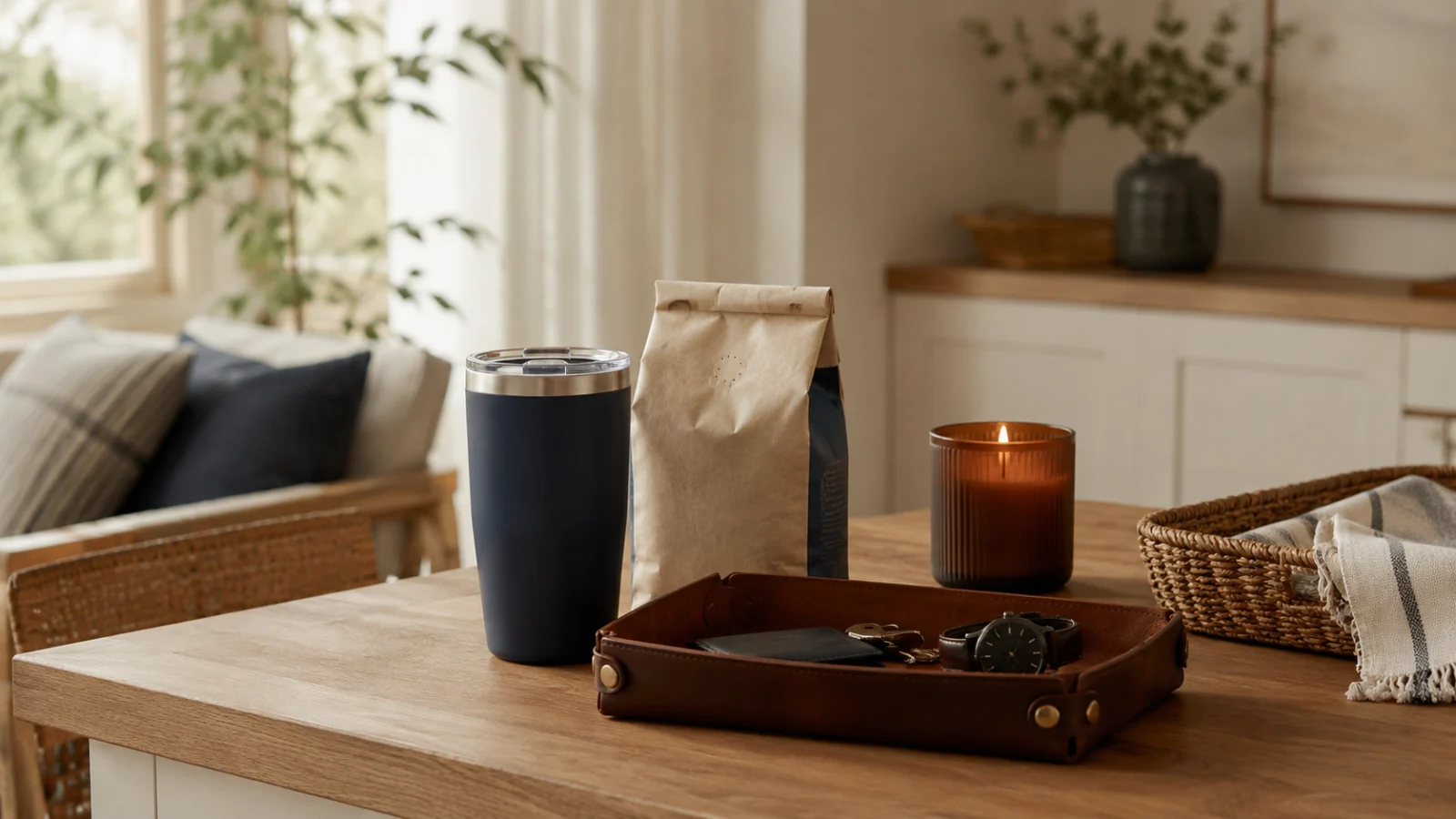 A warmly styled Father's Day gift vignette — a leather valet tray with a watch and wallet, a candle, fresh coffee, and a navy tumbler on natural wood