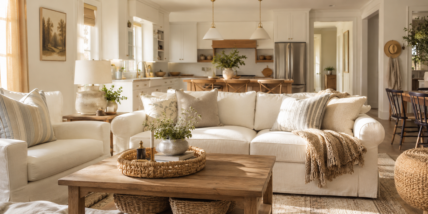 Warm open-plan American home with cream sofas, natural wood coffee table and layered textures