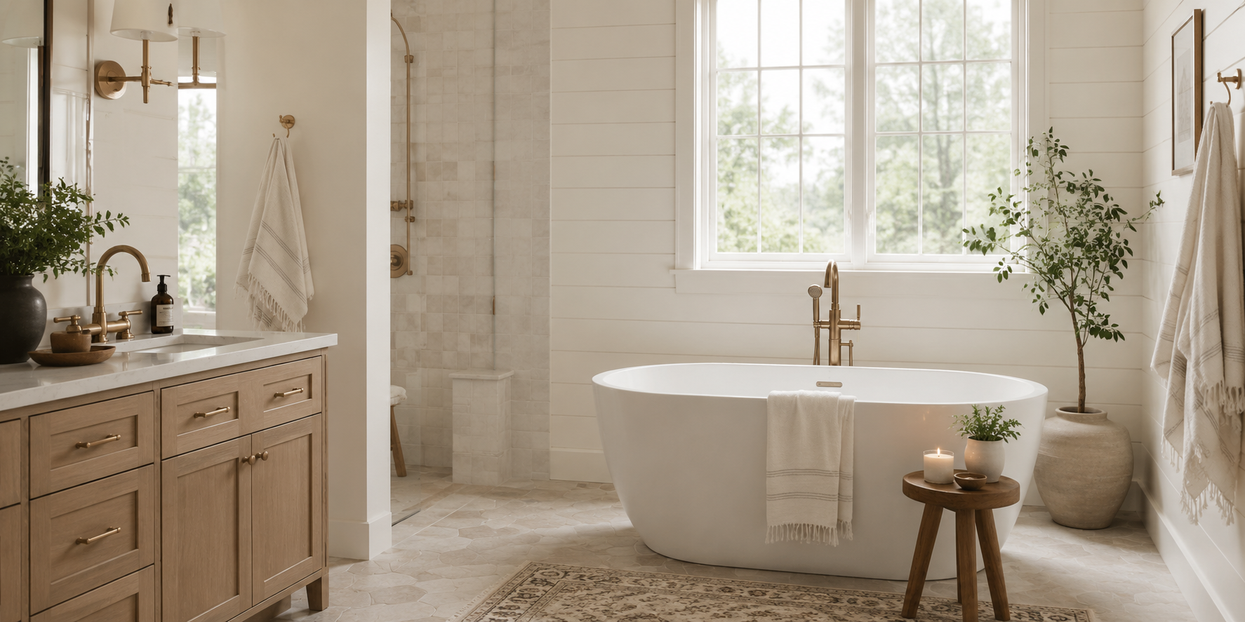 Spa-like bathroom with freestanding soaking tub, brass fixtures and glass shower