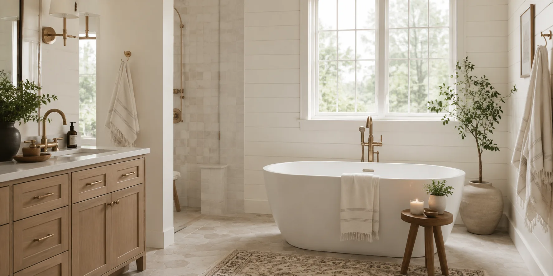 Spa-like bathroom with freestanding soaking tub, brass fixtures and glass shower